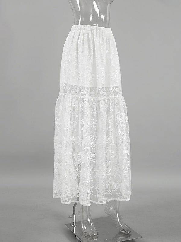 Elasticity See-Through Split-Joint A-Line Loose Skirts Bottoms