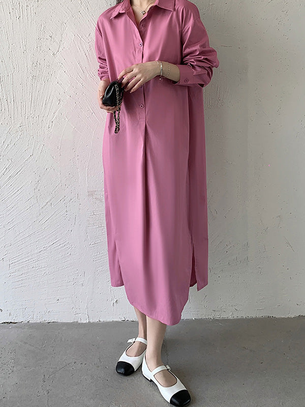 Urban Loose Solid Color Lapel Collar Shirt Midi Dresses