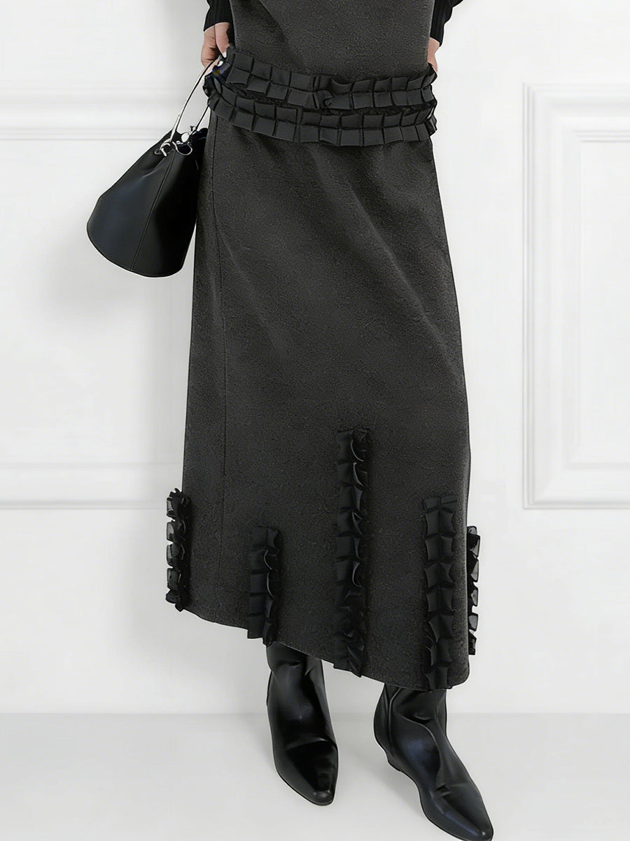 Contrast Color Ruffled Split-Joint V-Neck Vest Top + Elasticated Waist High Waisted Pleated Skirts Bottoms Two Pieces Set