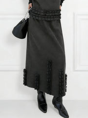 Contrast Color Ruffled Split-Joint V-Neck Vest Top + Elasticated Waist High Waisted Pleated Skirts Bottoms Two Pieces Set
