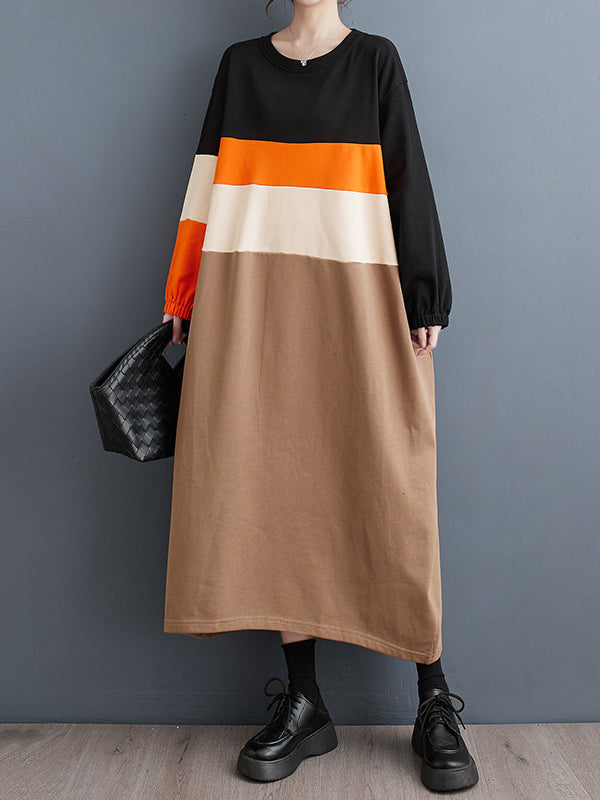 Contrast Color Elasticity Split-Joint A-Line Long Sleeves Round-Neck Midi Dresses