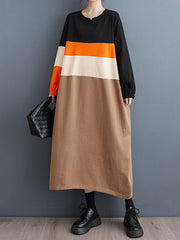 Contrast Color Elasticity Split-Joint A-Line Long Sleeves Round-Neck Midi Dresses