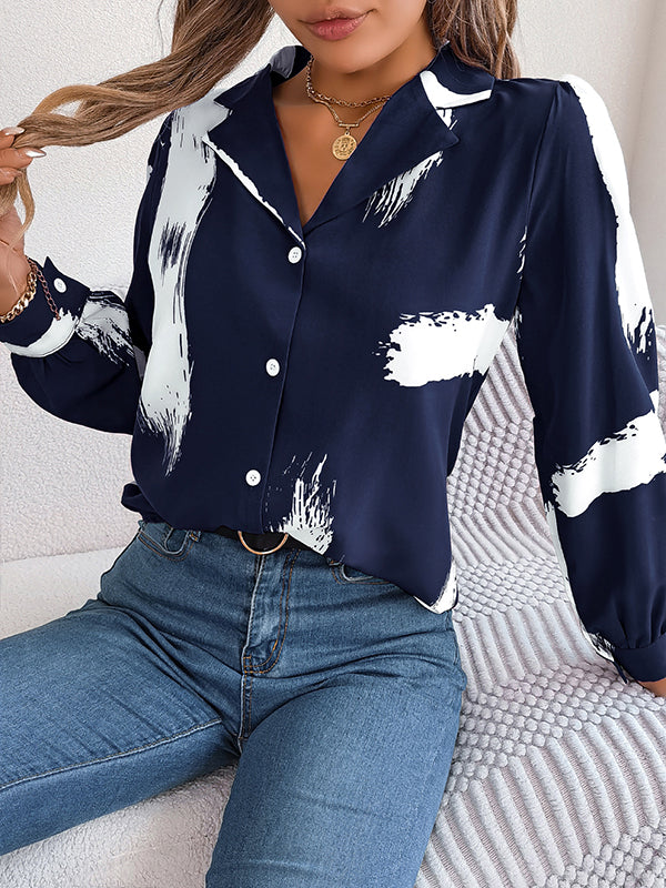 Buttoned Printed Long Sleeves Loose Notched Collar Blouses&Shirts Tops