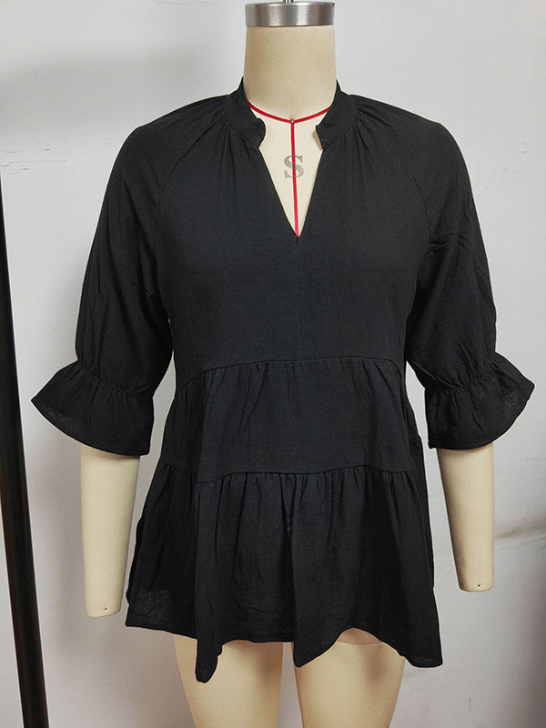 Elasticity Pleated Solid Color Split-Joint Loose Three-Quarter Sleeves V-Neck T-Shirts Tops
