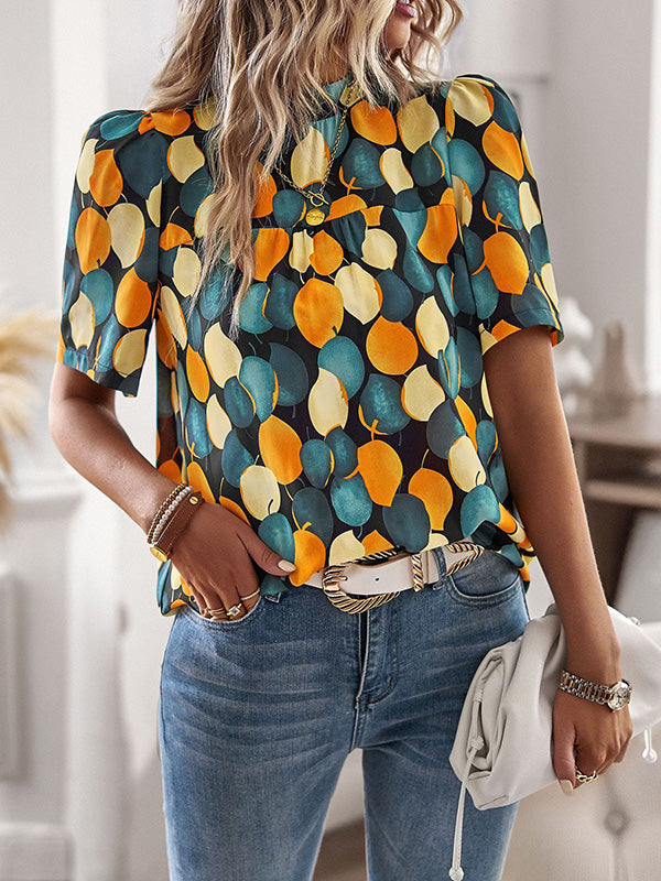 Leaves Print Split-Joint Loose Short Sleeves Mock Neck T-Shirts Tops