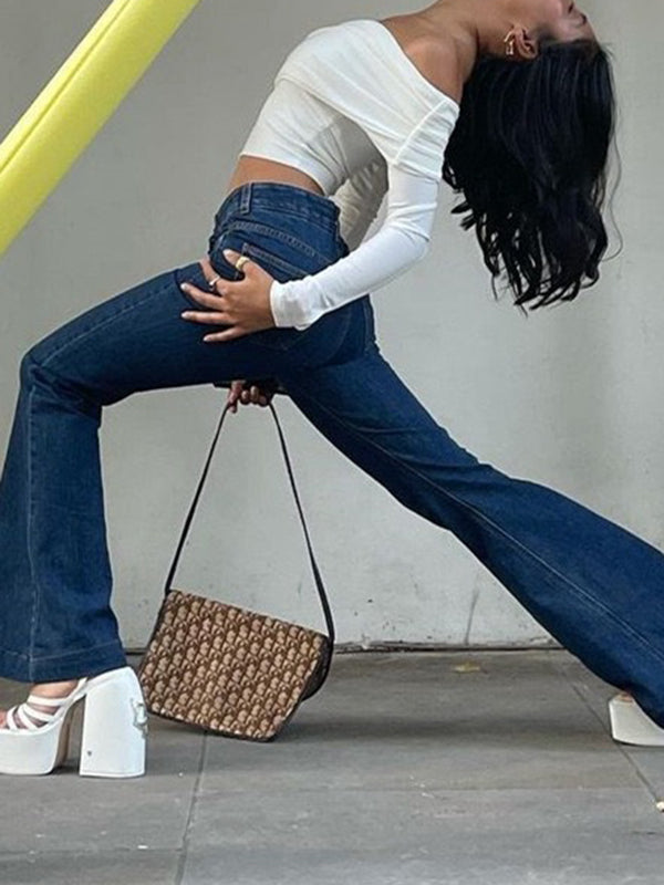 Solid Color Split-Joint Long Sleeves Skinny Off-the-shoulder T-shirts