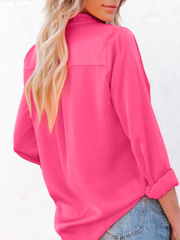 Urban Simple Long Sleeves Solid Color Lapel Blouses Top