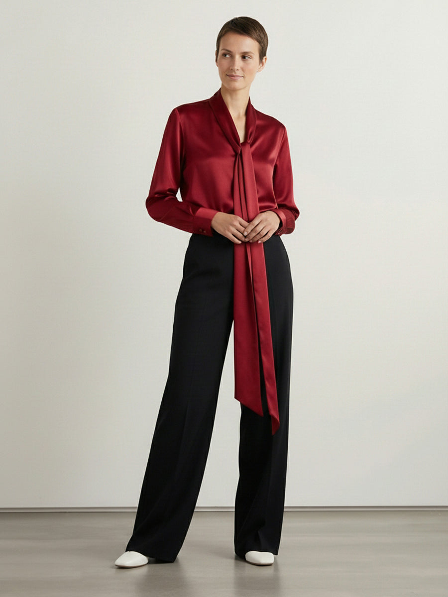 Solid Color Streamer Long Sleeves Loose V-Neck Blouses&Shirts Tops