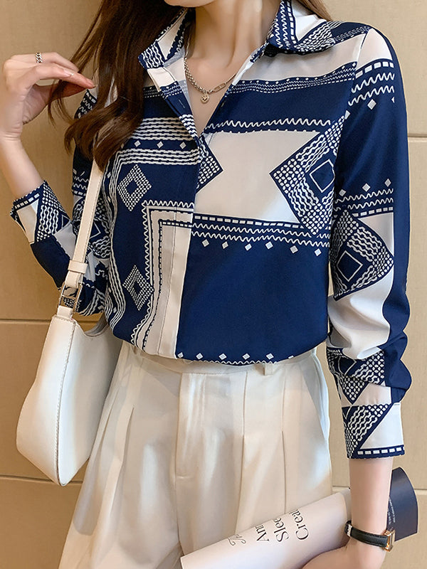 Buttoned Printed Long Sleeves Loose Lapel Blouses&Shirts Tops