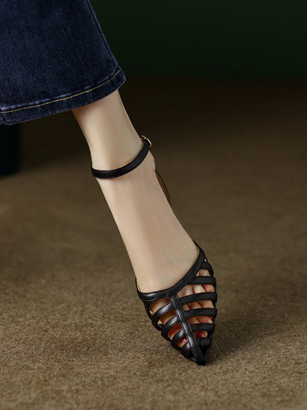 Belt Buckle Hollow Pointed-Toe Split-Joint Sling Shoes Pumps Sandals