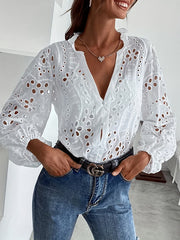 Buttoned Flower Shape Hollow See-Through Single-Breasted Solid Color Split-Joint Irregularity Long Sleeves V-Neck Blouses&Shirts Tops