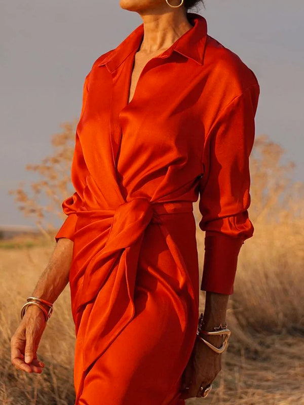 Solid Color Long Sleeves Loose Lapel Collar Maxi Shirt Dresses