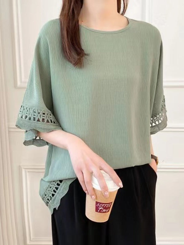 Hollow Solid Color Flared Sleeves Half Sleeves Round-Neck T-Shirts Tops