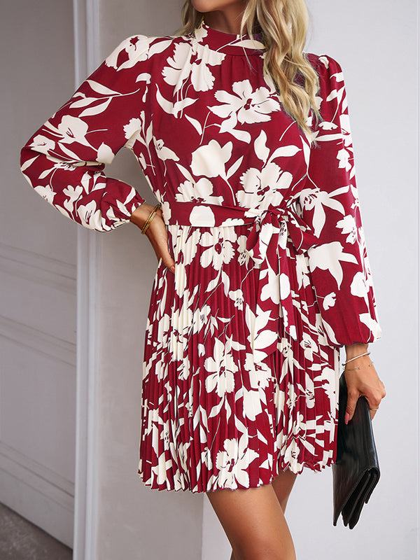 Flower Print Pleated Tied Waist High Waisted Long Sleeves Mock Neck Mini Dresses