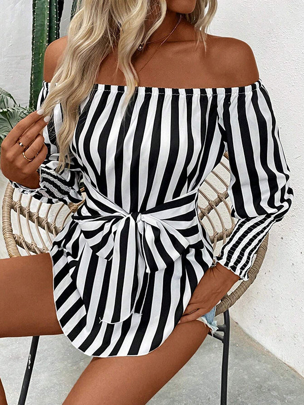 Contrast Color Elasticity Split-Joint Striped Tied Waist Long Sleeves Loose Off-The-Shoulder Blouses&Shirts Tops