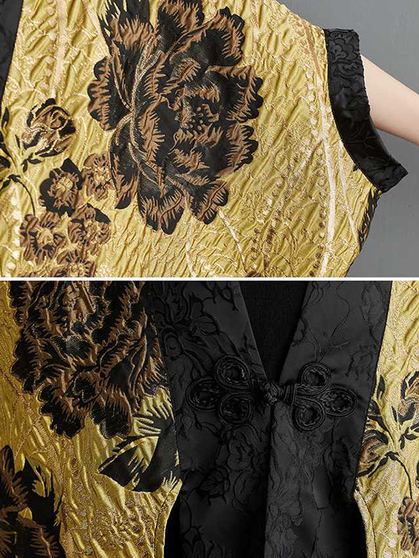 Flower-Embellished Chinese Frog Buttons Pleated Split-Joint Batwing Sleeves Loose V-Neck Outerwear