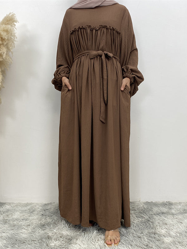 Elasticity Muslim Pleated Solid Color Split-Joint Tied Waist Bishop Sleeve Long Sleeves Round-Neck Maxi Dresses