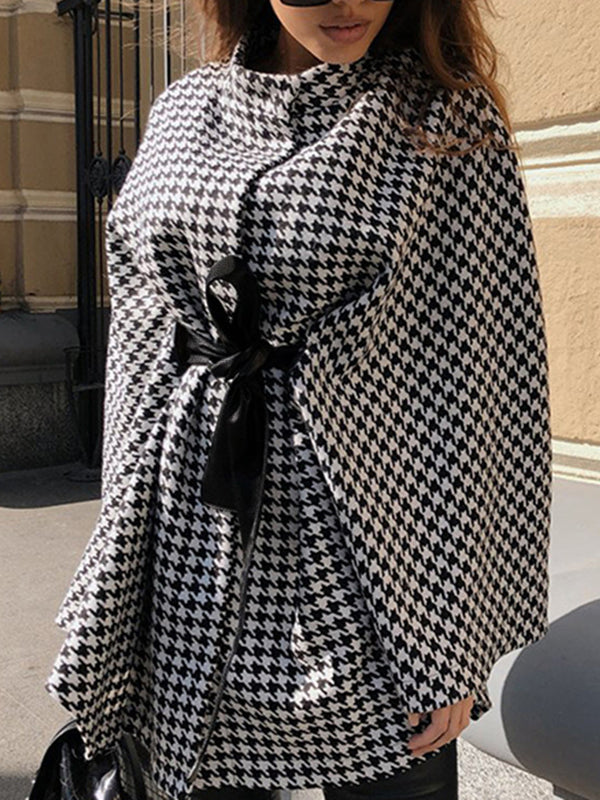 Houndstooth Tied Waist Batwing Sleeves Long Sleeves Stand Collar Outerwear Cape