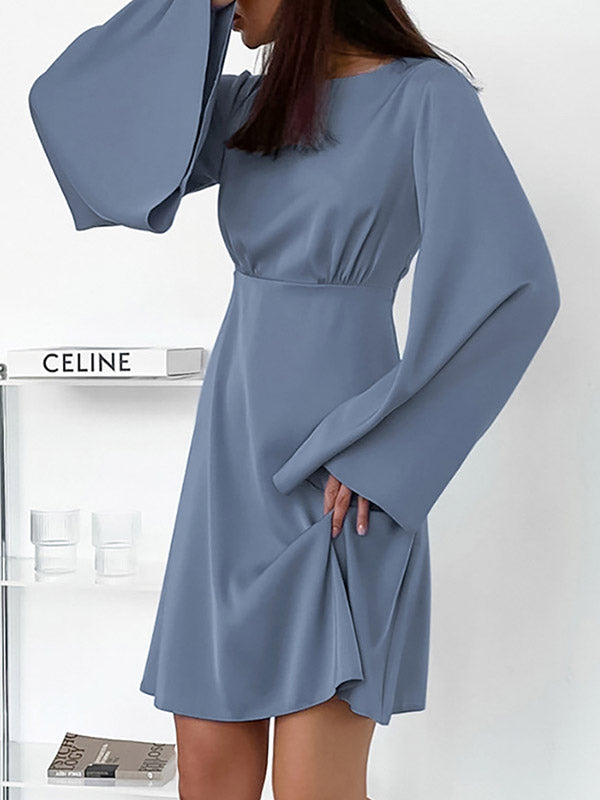 Solid Color A-Line Flared Sleeves Round-Neck Mini Dresses