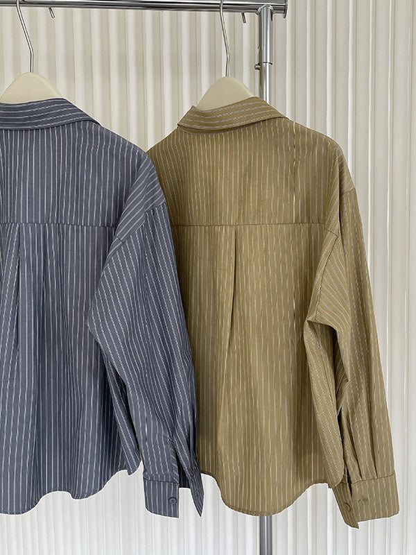 Asymmetric Split-Joint Striped Long Sleeves Loose Lapel Blouses