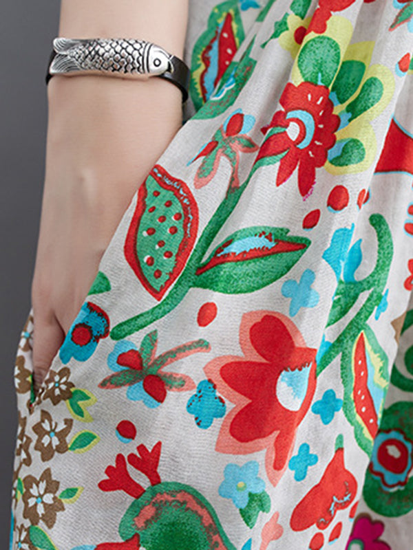 Pleated Printed Split-Joint Loose Short Sleeves Round-Neck Midi Dresses