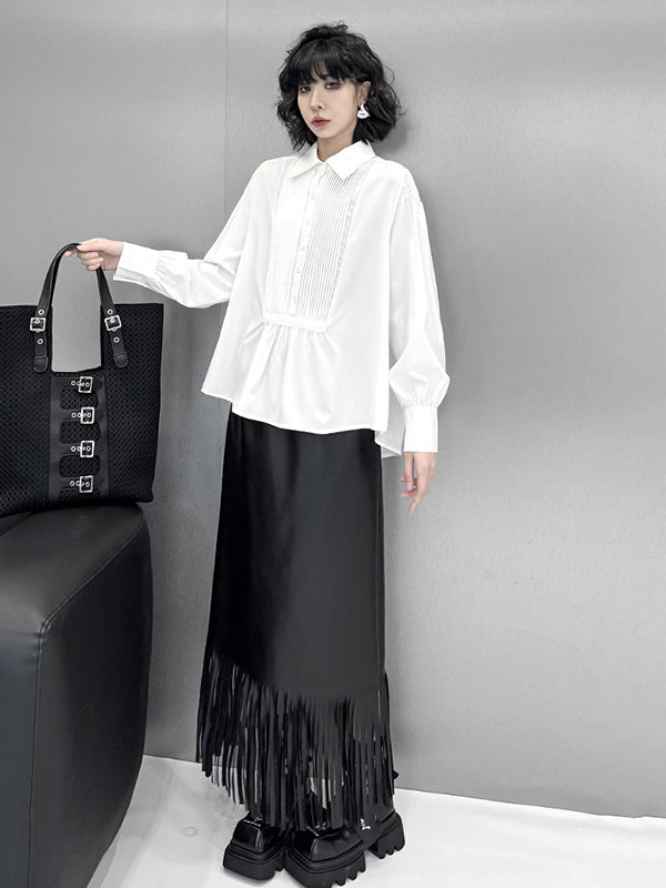 Buttoned Pleated Solid Color Long Sleeves Loose Polo Blouses&Shirts Tops