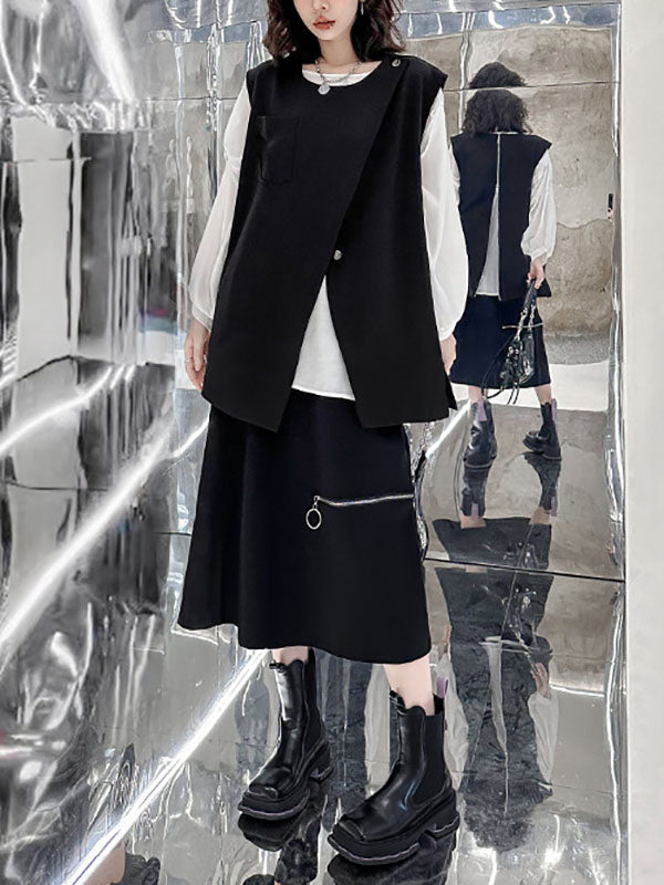 Asymmetric Zipper Loose Sleeveless Round-Neck Vest Top