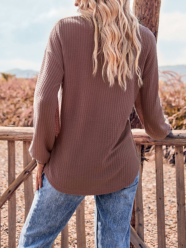 Pockets Solid Color Long Sleeves Loose V-Neck T-Shirts Tops