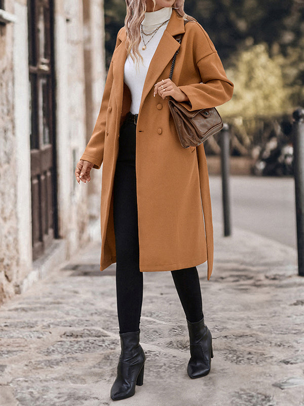 Buttoned Solid Color Split-Joint Tied Waist Long Sleeves Loose Notched Collar Woolen Coat