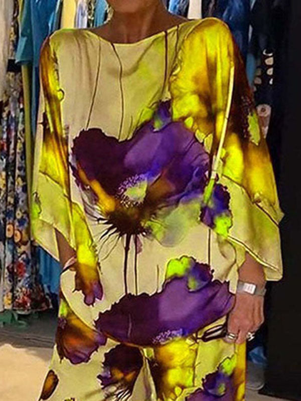 Printed Split-Joint Batwing Sleeves Loose Round-neck Blouses&shirts Tops
