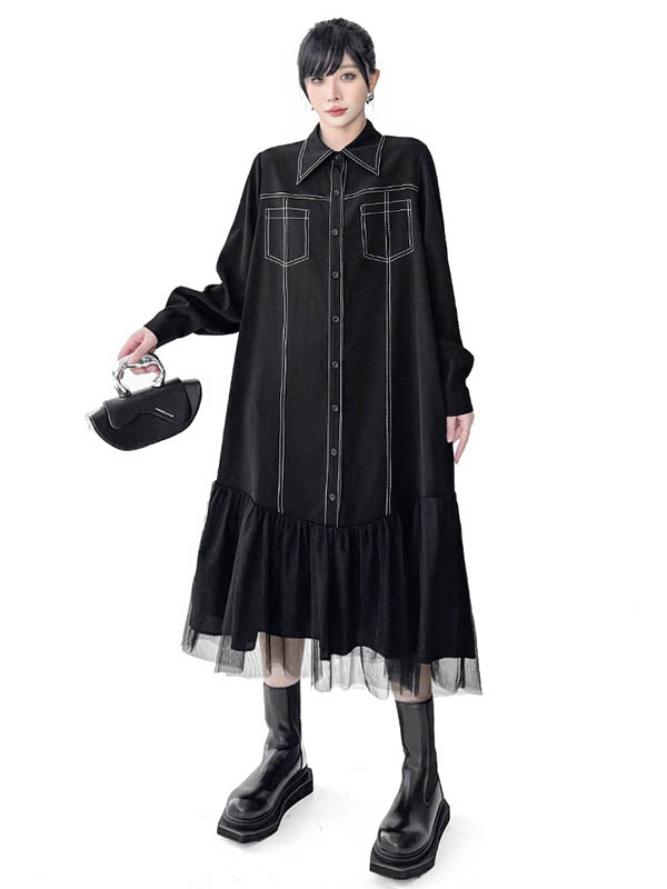 Asymmetric Buttoned Line Solid Color Split-Joint Irregularity Long Sleeves Lapel Shirt Dress Midi Dresses