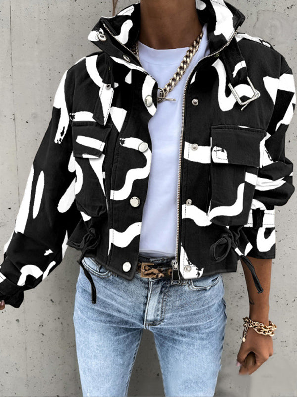 Buttoned Drawstring Pockets Printed Split-Joint Zipper Long Sleeves Loose Stand Collar Outerwear Jackets