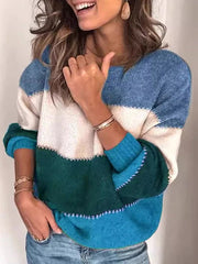 Contrast Color Split-Joint Striped Long Sleeves Loose Round-Neck Sweater Tops Pullovers