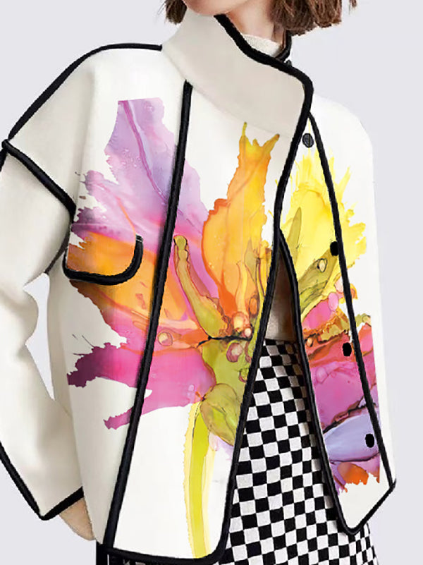 Buttoned Flower Print Pockets Split-Joint Long Sleeves Loose Stand Collar Outerwear