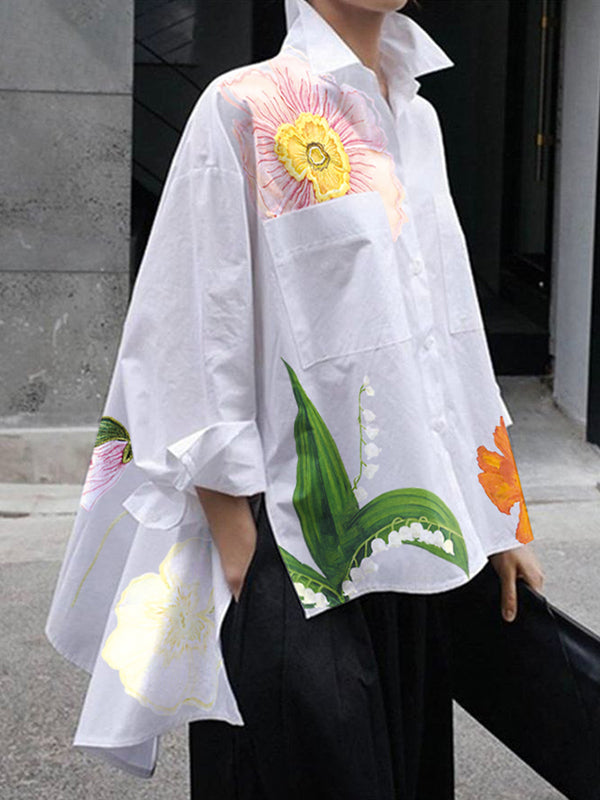 Asymmetric Floral Printed Split-Joint Split-Side High-Low Loose Lapel Blouses