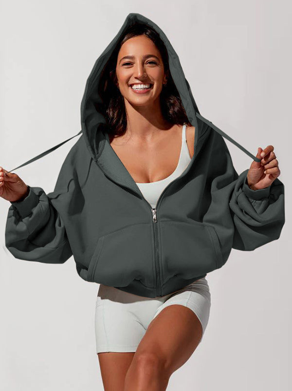 Drawstring Pockets Solid Color Zipper Hooded Long Sleeves Outerwear Jackets