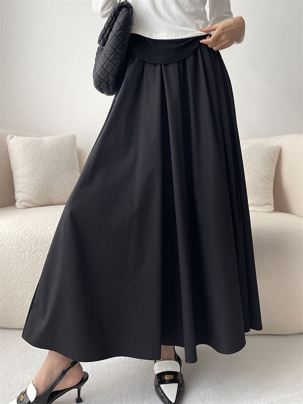 Pleated Solid Color Split-Joint A-Line High Waisted Skirts Bottoms