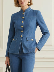Buttoned Pockets Solid Color Long Sleeves Stand Collar Outerwear