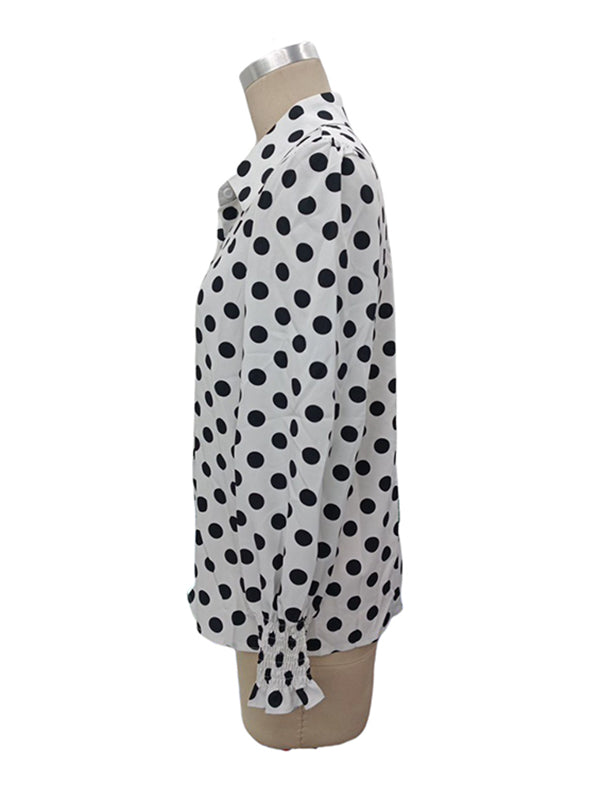 Buttoned Elasticity Polka-Dot Split-Joint Long Sleeves Loose Lapel Blouses&Shirts Tops