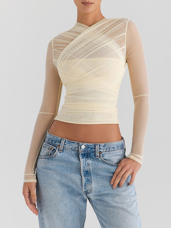 Gauze Pleated See-Through Solid Color Long Sleeves Skinny V-Neck T-Shirts