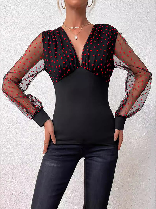 Pleated Polka-Dot See-Through Split-Joint Puff Sleeves Skinny V-neck Blouses&shirts Tops
