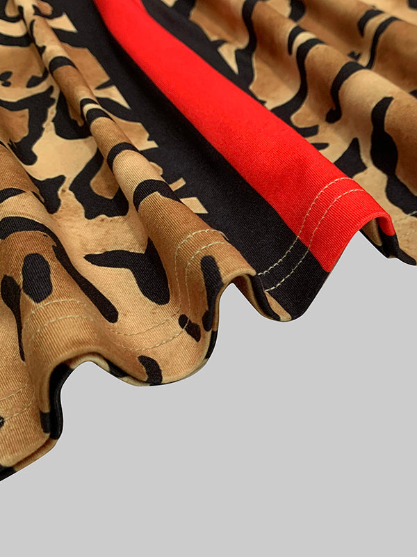 Long Sleeves Skinny Contrast Color Leopard High Neck T-Shirts Tops