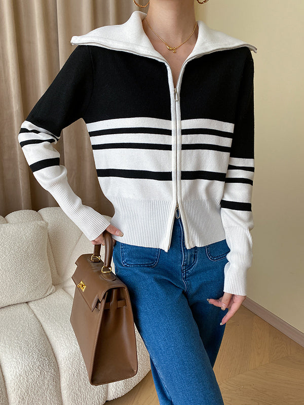 Contrast Color Striped Zipper Long Sleeves Loose Lapel Cardigan Tops