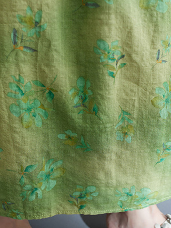 Floral Printed Loose Short Sleeves Round-Neck Midi Dresses