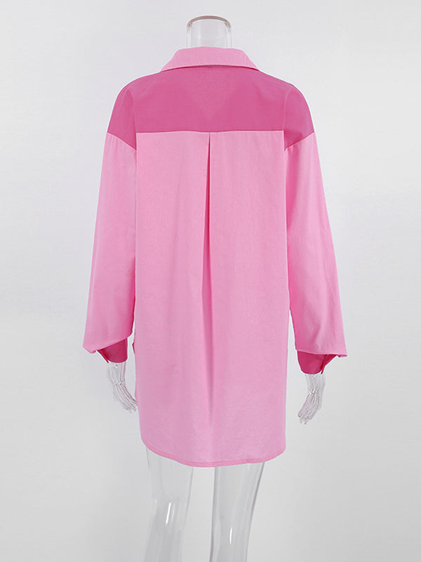 Buttoned Contrast Color Pockets Split-side High-low Long Sleeves Lapel Blouses&shirts Tops