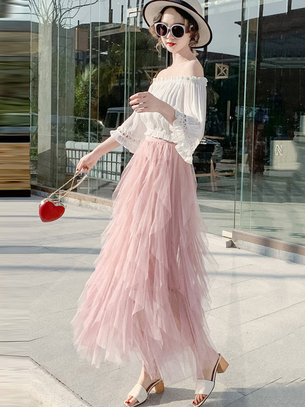 Original Stylish Irregular Mesh Solid Color Skirt