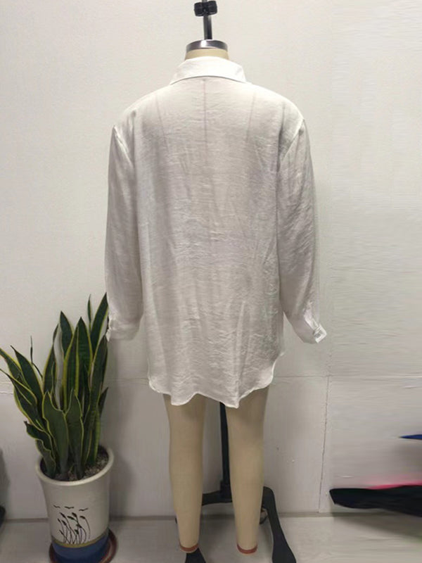See-Through Solid Color Split-Joint Long Sleeves Loose Lapel Blouses&Shirts Tops
