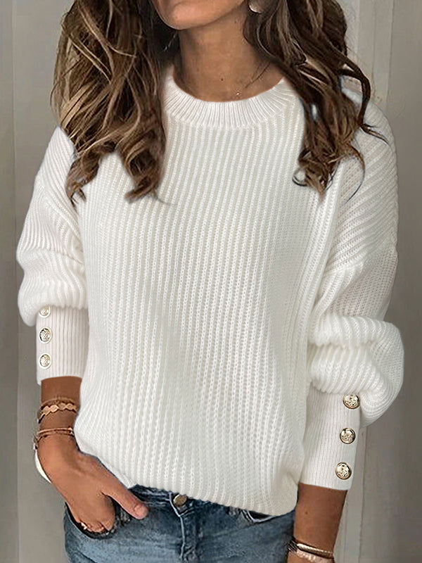 Buttoned Solid Color Split-Joint Long Sleeves Loose Round-Neck Sweater Tops Pullovers