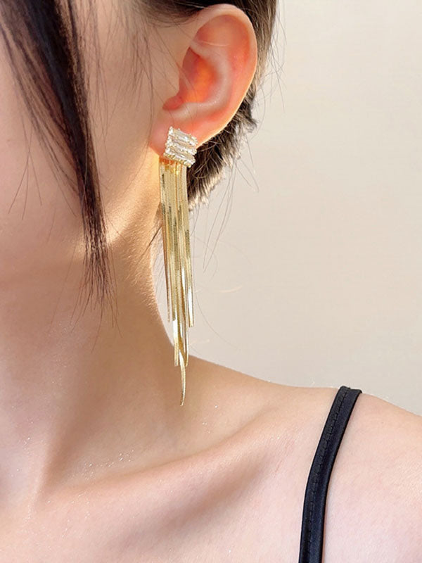 Geometric Rhine Stones Tasseled Drop Earrings