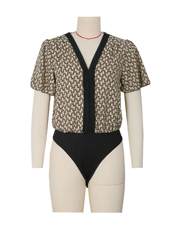 Printed Split-Joint Flared Sleeves High Waisted V-Neck Bodysuits